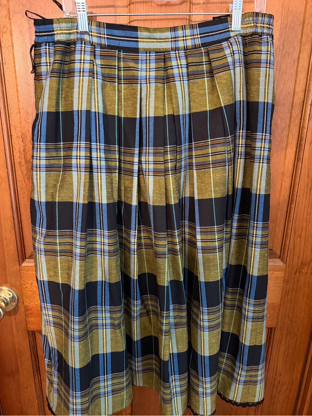 Plaid Midi Skirt in Olive, Black and Sky Blue